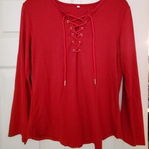 Red tie front long sleeve shirt.